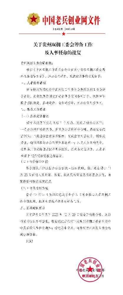 关于贵州双拥工委会筹备工作 及人事任命的批复