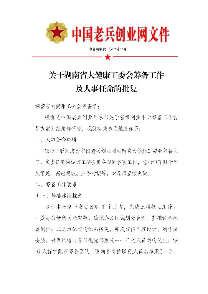湖南省大健康工委会筹备及任命批复