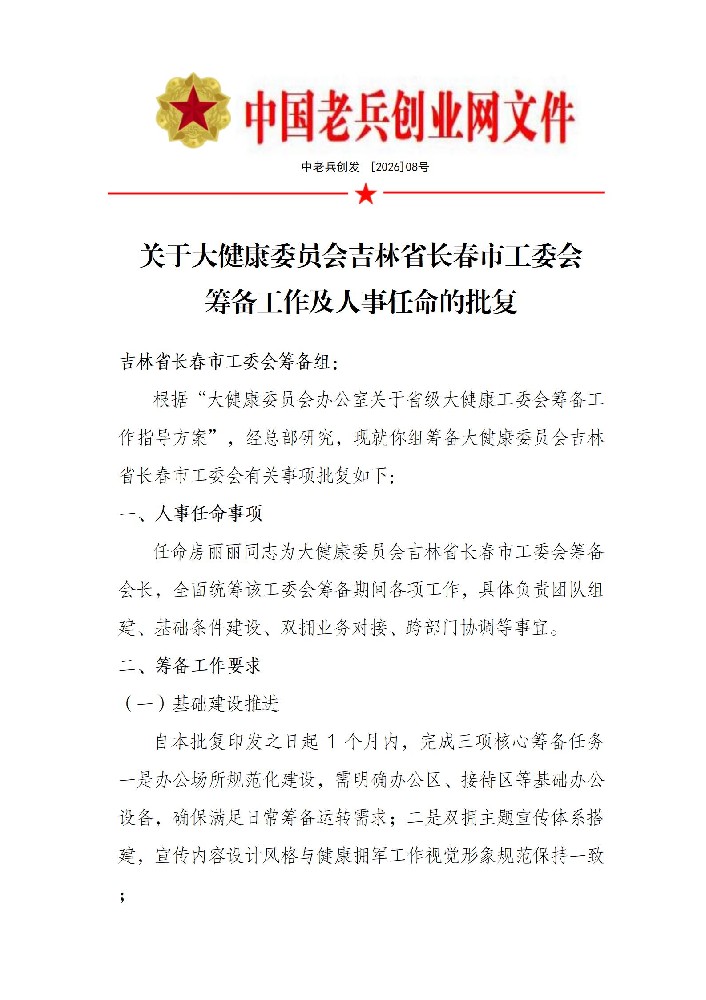关于大健康委员会吉林省长春市工委会 筹备工作及人事任命的批复